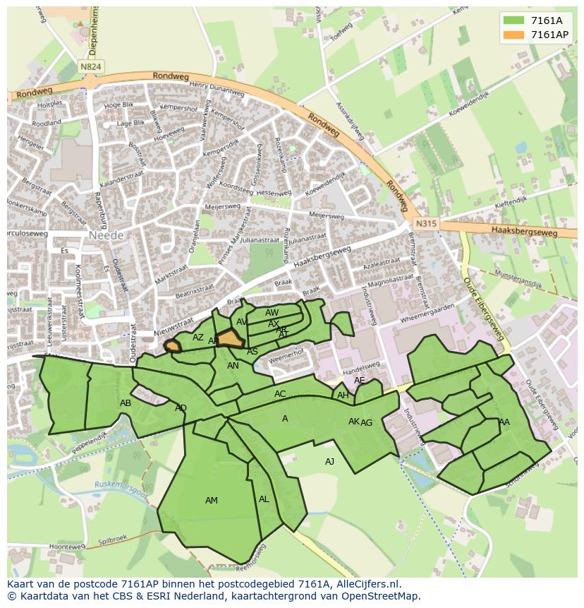 Afbeelding van het postcodegebied 7161 AP op de kaart.