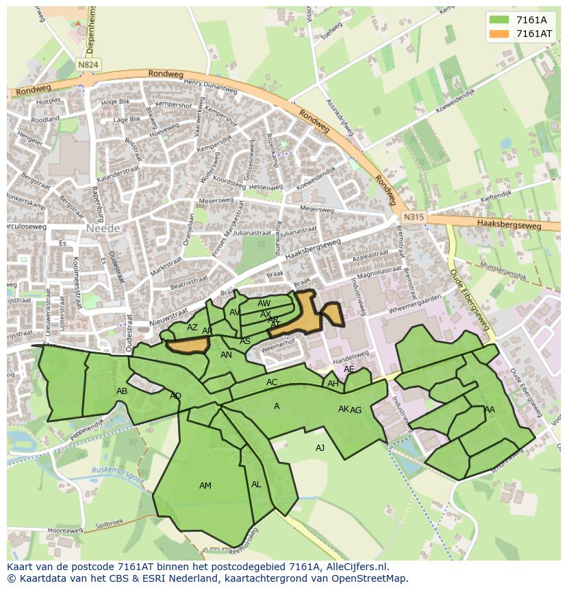 Afbeelding van het postcodegebied 7161 AT op de kaart.