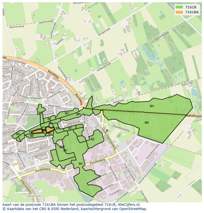 Afbeelding van het postcodegebied 7161 BA op de kaart.