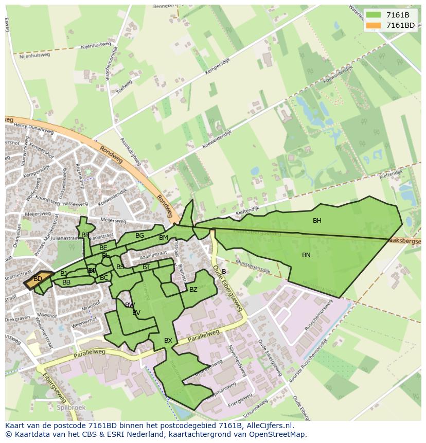 Afbeelding van het postcodegebied 7161 BD op de kaart.