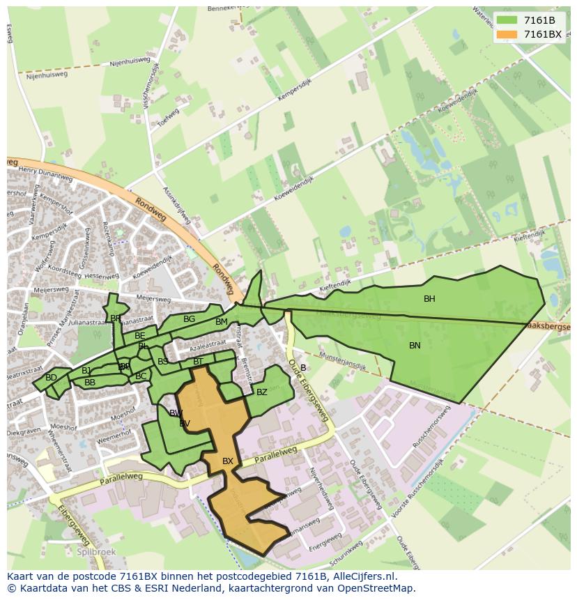 Afbeelding van het postcodegebied 7161 BX op de kaart.