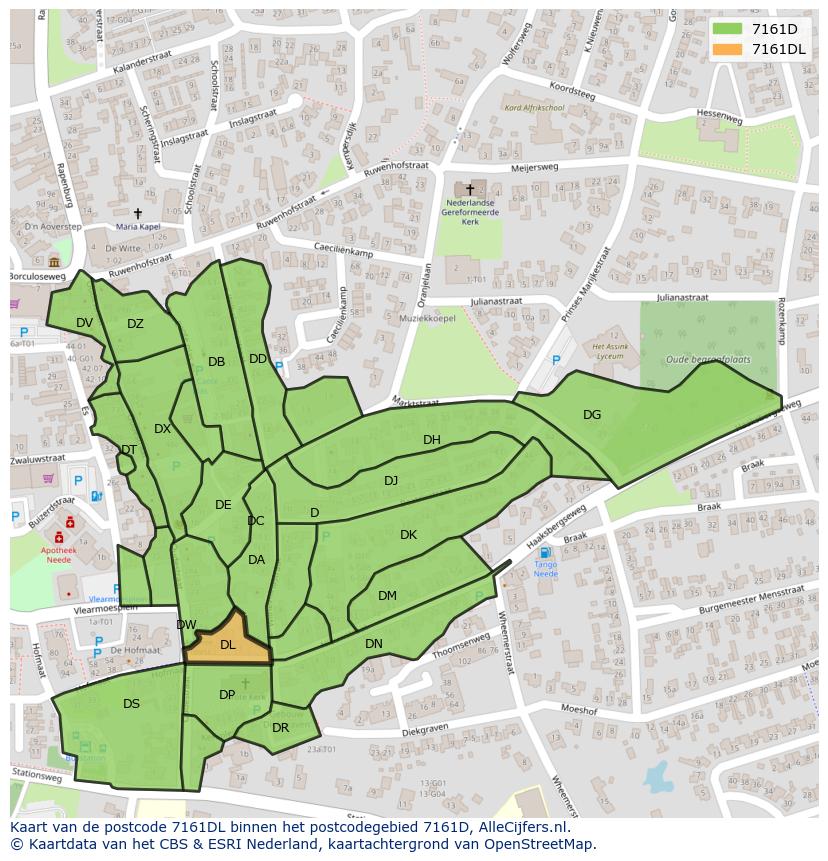 Afbeelding van het postcodegebied 7161 DL op de kaart.