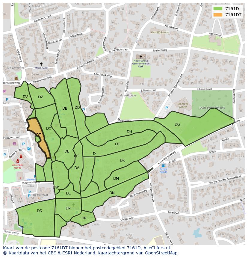 Afbeelding van het postcodegebied 7161 DT op de kaart.