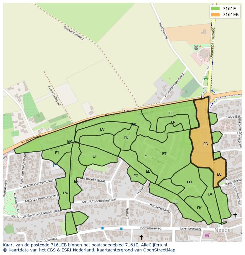 Afbeelding van het postcodegebied 7161 EB op de kaart.