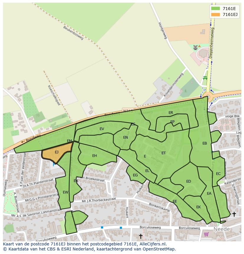 Afbeelding van het postcodegebied 7161 EJ op de kaart.