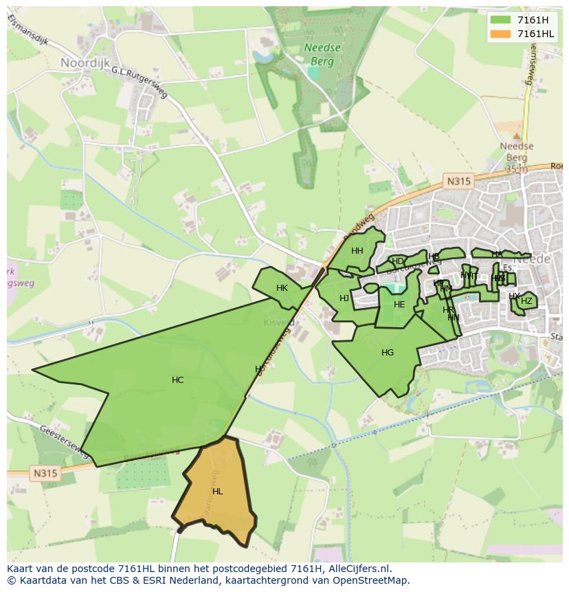 Afbeelding van het postcodegebied 7161 HL op de kaart.