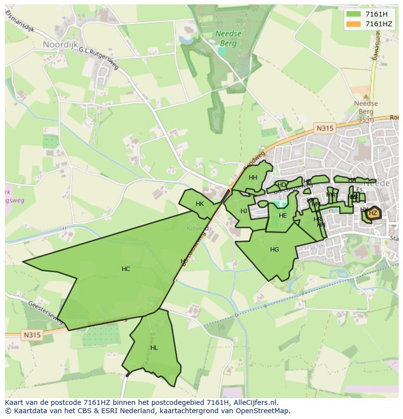 Afbeelding van het postcodegebied 7161 HZ op de kaart.