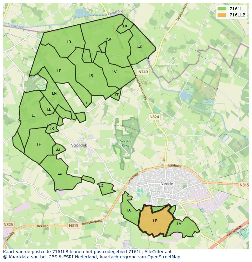 Afbeelding van het postcodegebied 7161 LB op de kaart.