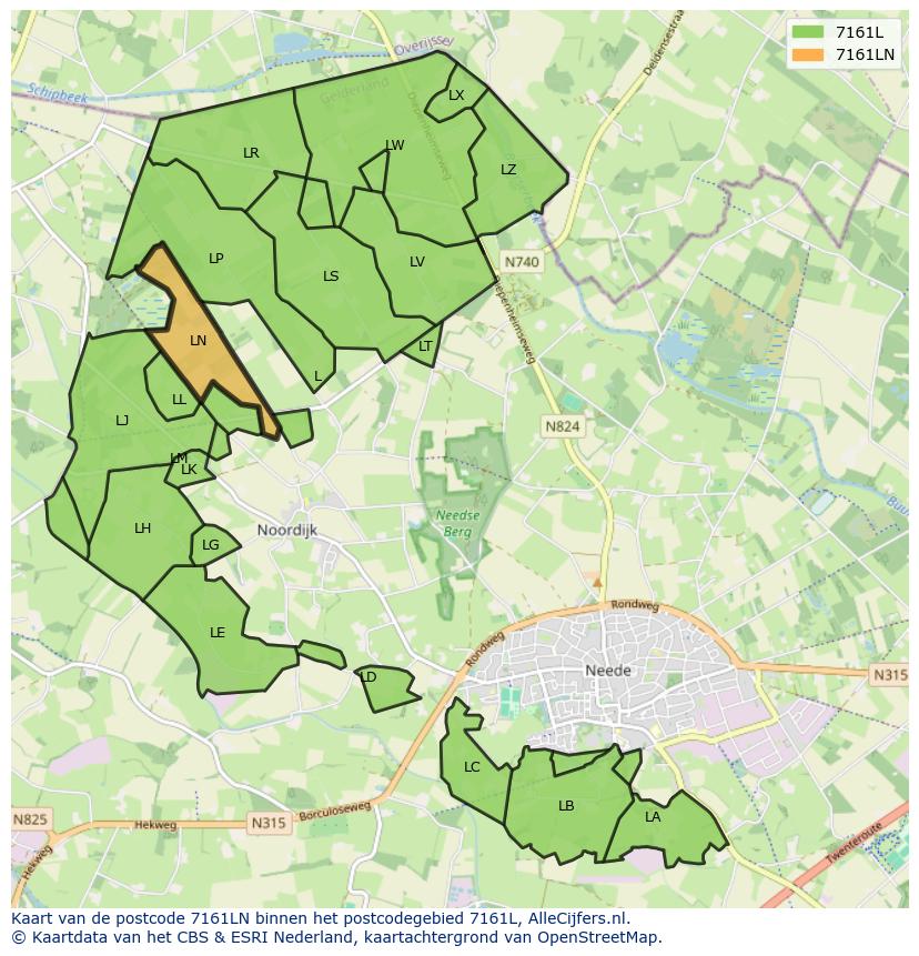 Afbeelding van het postcodegebied 7161 LN op de kaart.