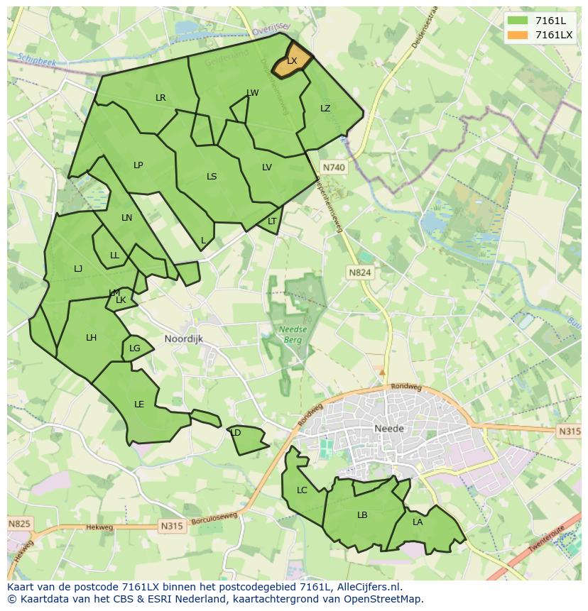 Afbeelding van het postcodegebied 7161 LX op de kaart.