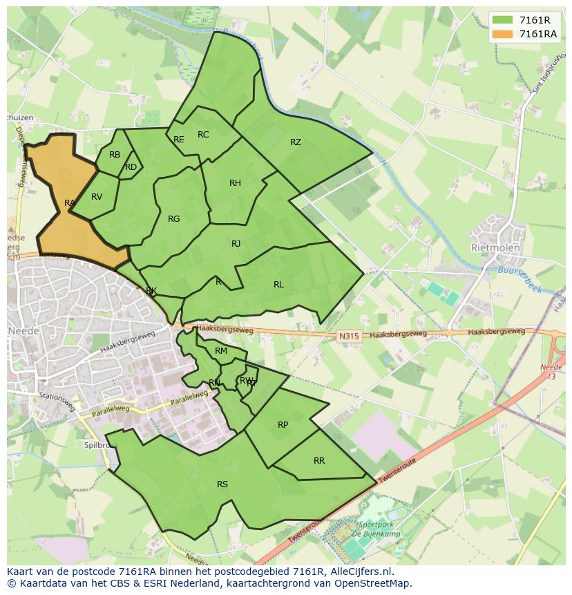 Afbeelding van het postcodegebied 7161 RA op de kaart.