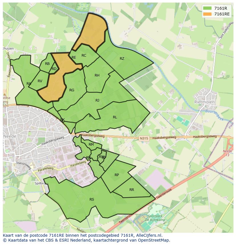 Afbeelding van het postcodegebied 7161 RE op de kaart.