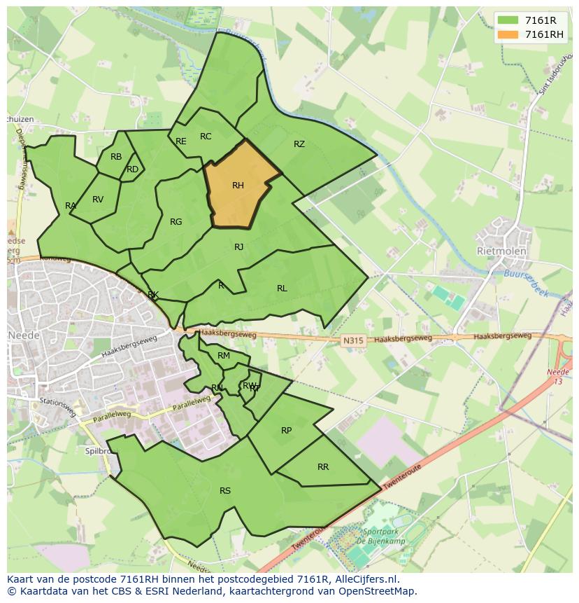 Afbeelding van het postcodegebied 7161 RH op de kaart.