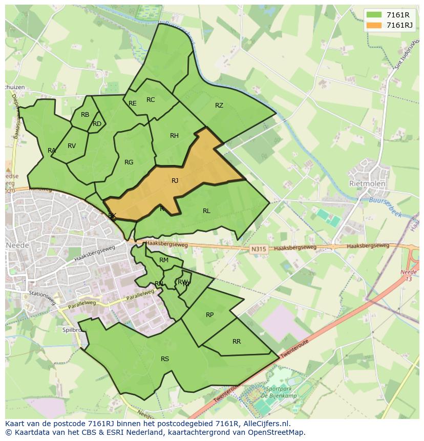 Afbeelding van het postcodegebied 7161 RJ op de kaart.
