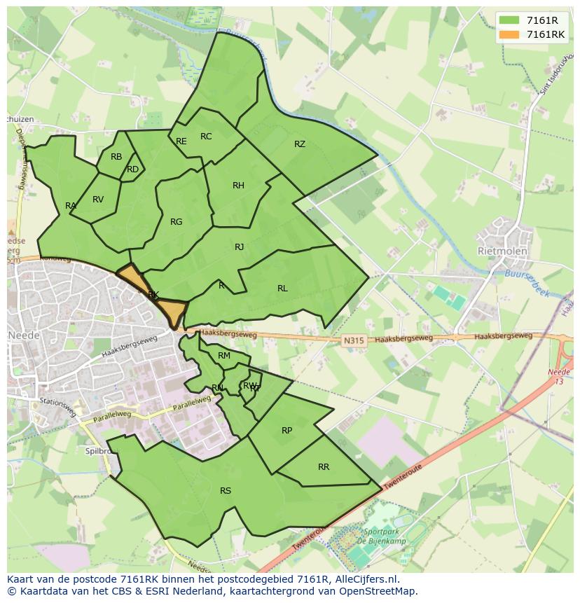 Afbeelding van het postcodegebied 7161 RK op de kaart.