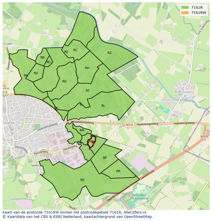 Afbeelding van het postcodegebied 7161 RW op de kaart.