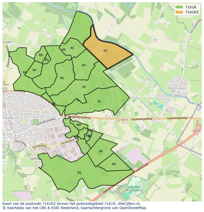 Afbeelding van het postcodegebied 7161 RZ op de kaart.