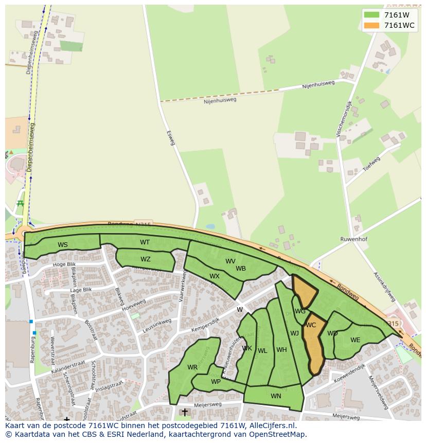 Afbeelding van het postcodegebied 7161 WC op de kaart.