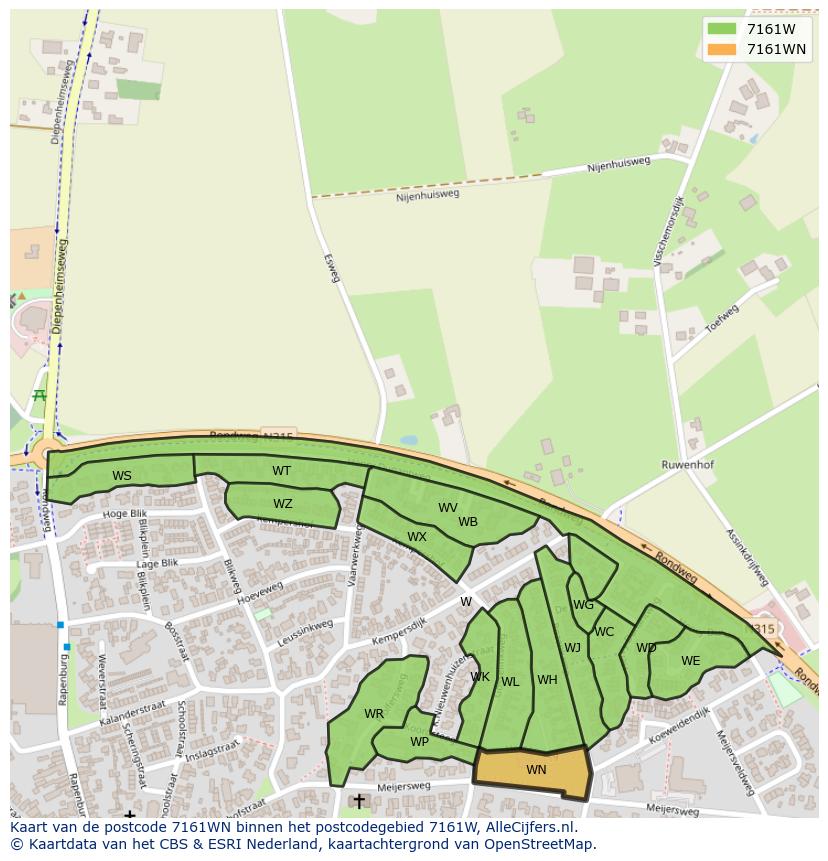 Afbeelding van het postcodegebied 7161 WN op de kaart.