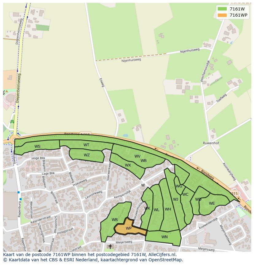 Afbeelding van het postcodegebied 7161 WP op de kaart.