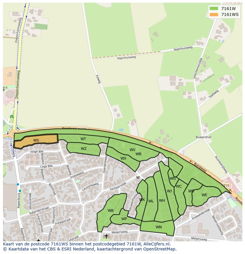 Afbeelding van het postcodegebied 7161 WS op de kaart.