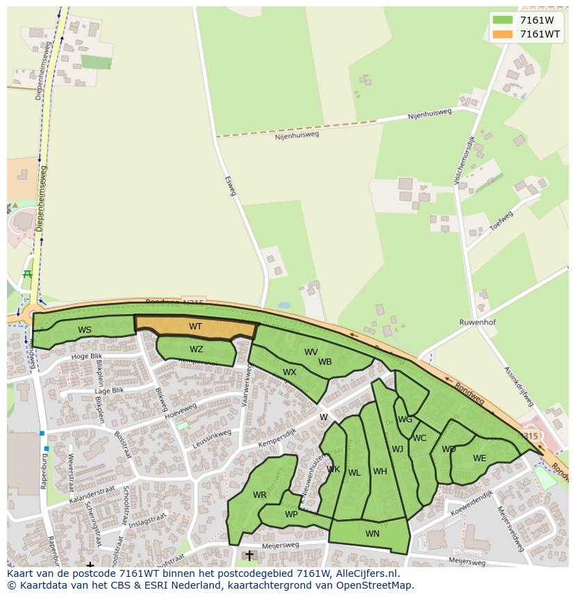 Afbeelding van het postcodegebied 7161 WT op de kaart.
