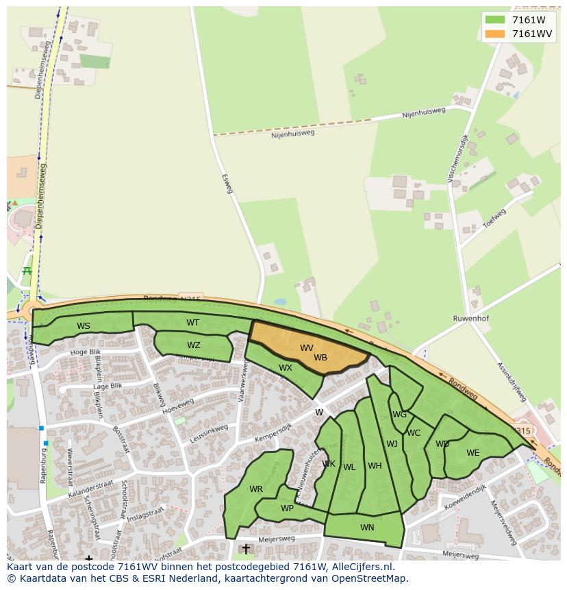 Afbeelding van het postcodegebied 7161 WV op de kaart.