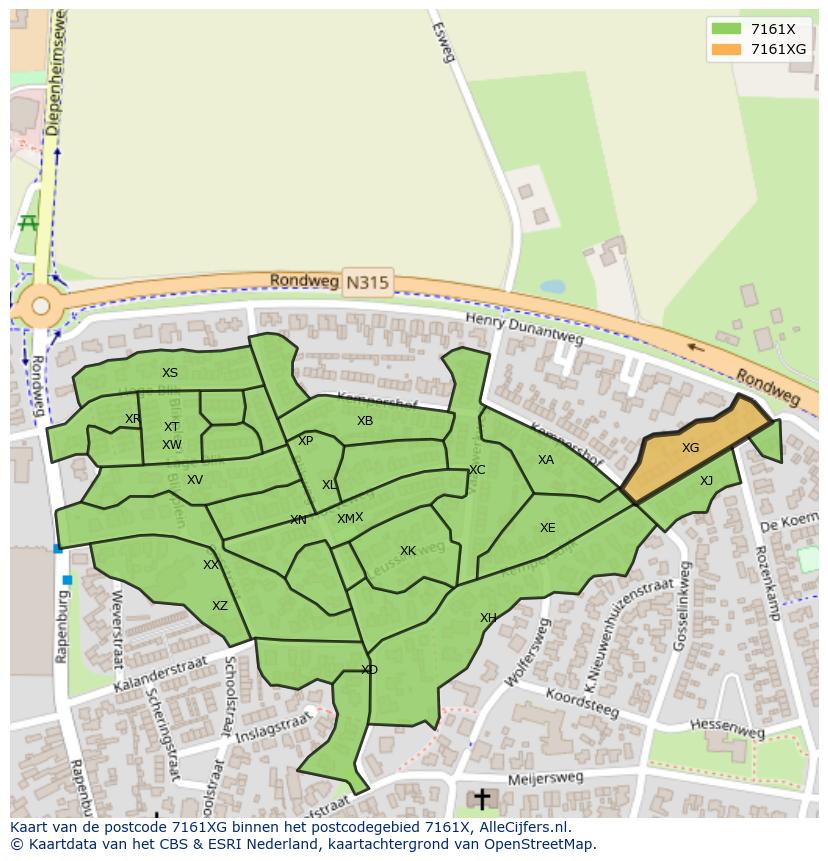 Afbeelding van het postcodegebied 7161 XG op de kaart.