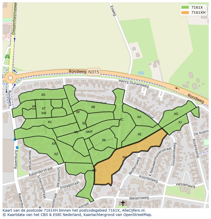 Afbeelding van het postcodegebied 7161 XH op de kaart.