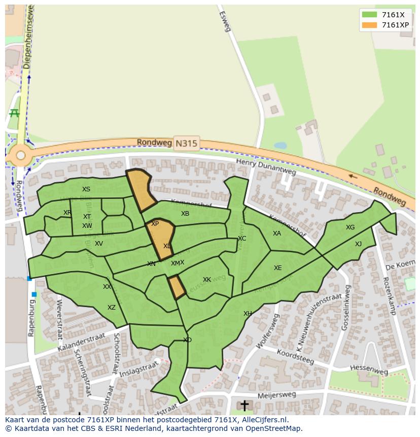 Afbeelding van het postcodegebied 7161 XP op de kaart.