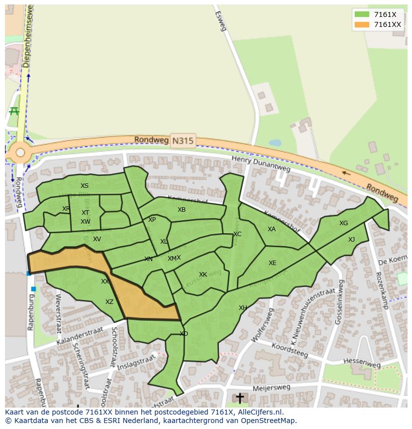 Afbeelding van het postcodegebied 7161 XX op de kaart.