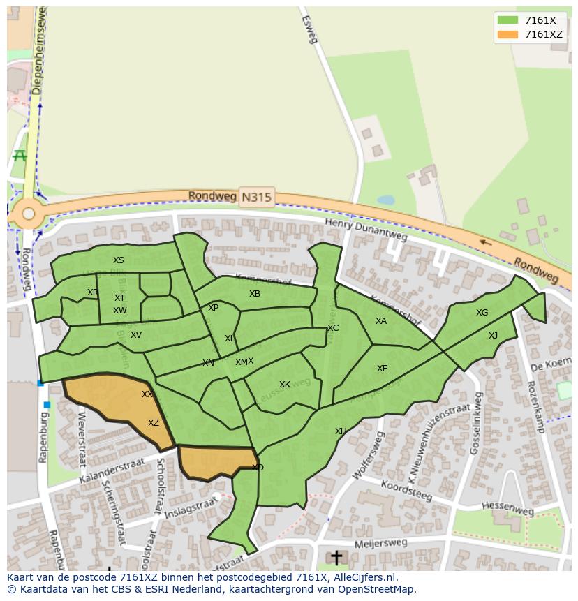 Afbeelding van het postcodegebied 7161 XZ op de kaart.