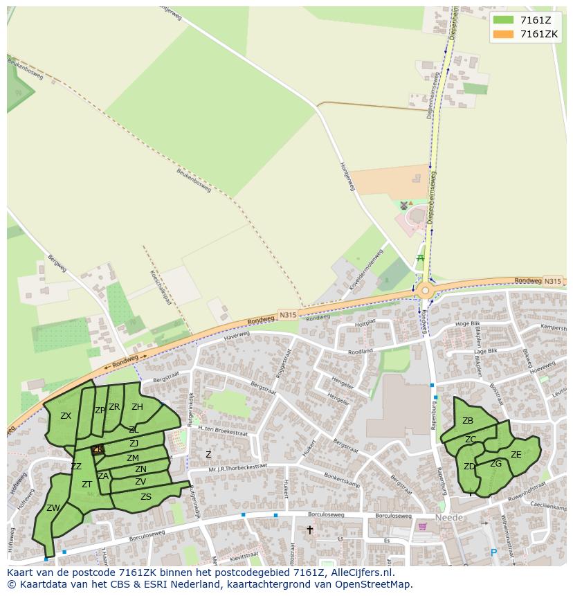 Afbeelding van het postcodegebied 7161 ZK op de kaart.