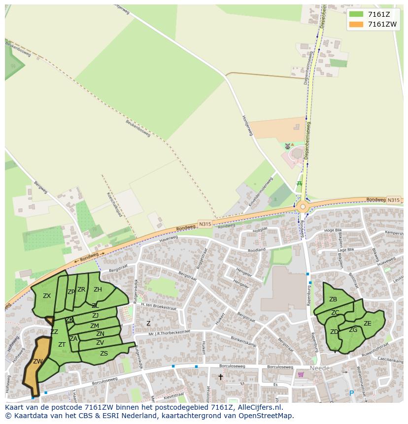 Afbeelding van het postcodegebied 7161 ZW op de kaart.