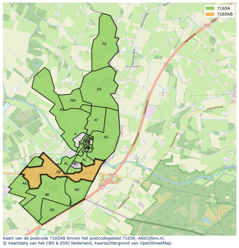 Afbeelding van het postcodegebied 7165 AB op de kaart.