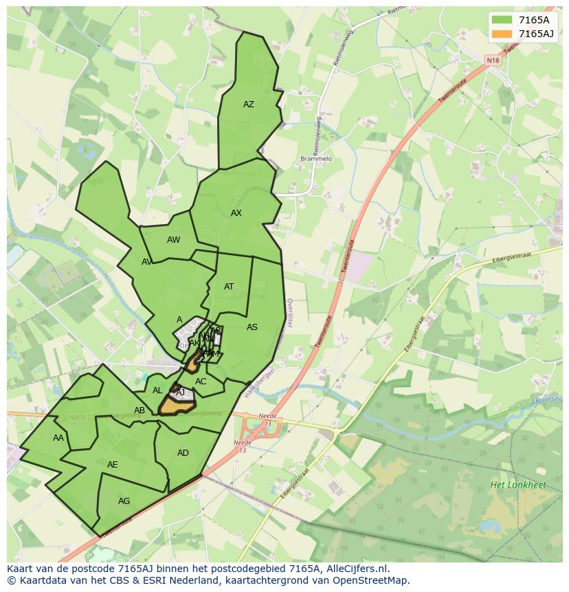Afbeelding van het postcodegebied 7165 AJ op de kaart.
