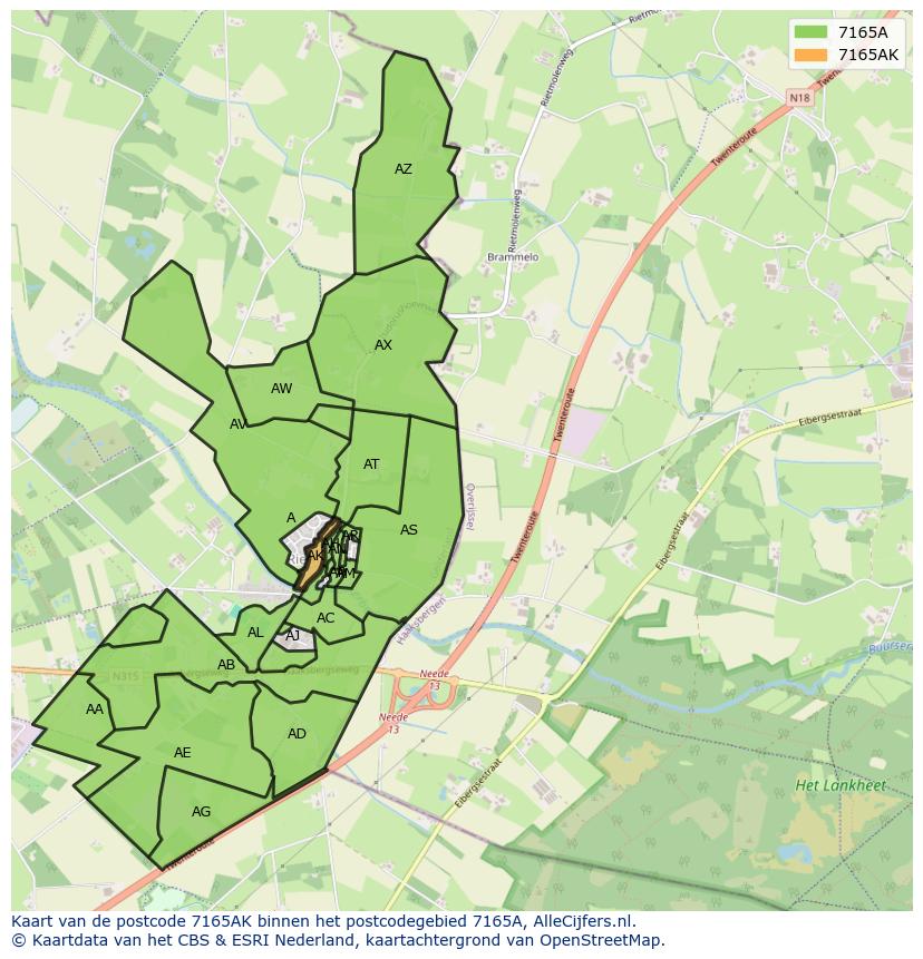 Afbeelding van het postcodegebied 7165 AK op de kaart.