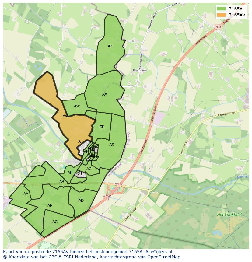 Afbeelding van het postcodegebied 7165 AV op de kaart.