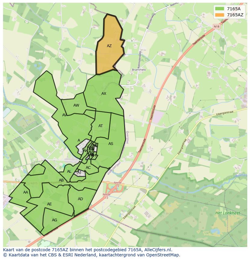 Afbeelding van het postcodegebied 7165 AZ op de kaart.