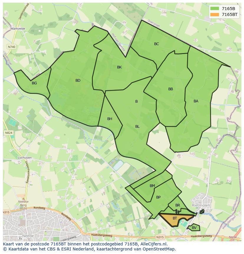 Afbeelding van het postcodegebied 7165 BT op de kaart.