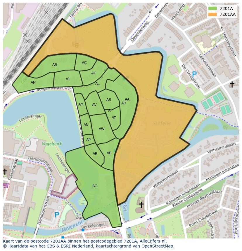 Afbeelding van het postcodegebied 7201 AA op de kaart.