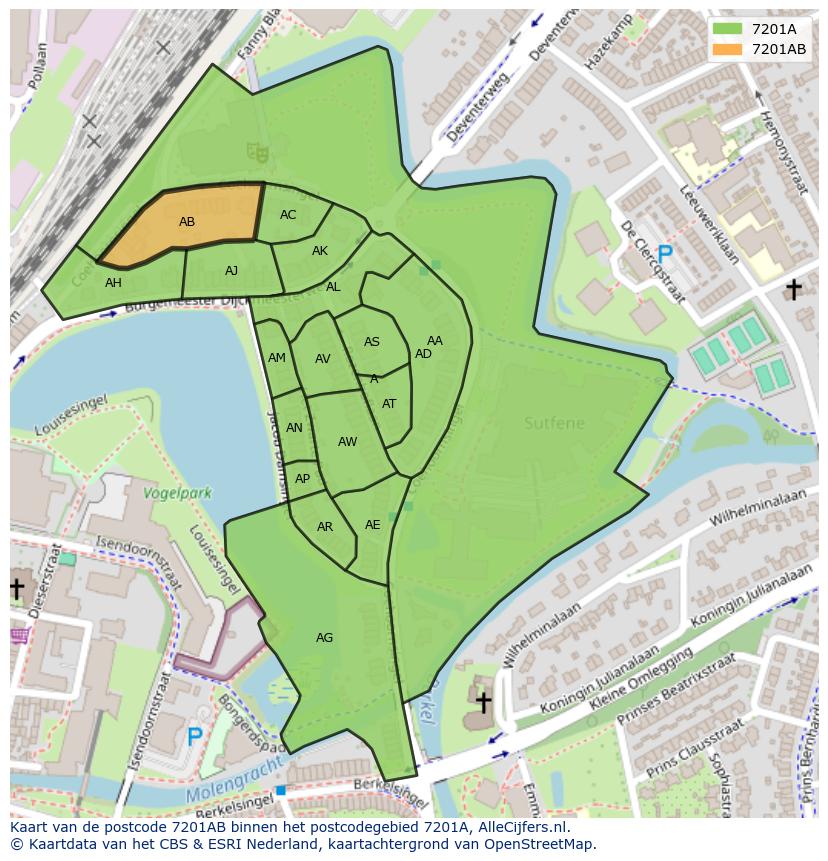 Afbeelding van het postcodegebied 7201 AB op de kaart.