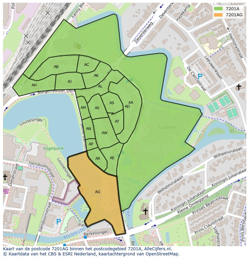 Afbeelding van het postcodegebied 7201 AG op de kaart.