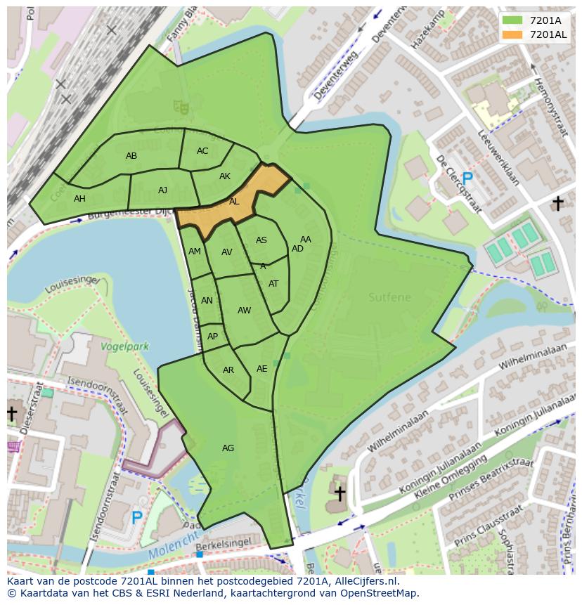 Afbeelding van het postcodegebied 7201 AL op de kaart.