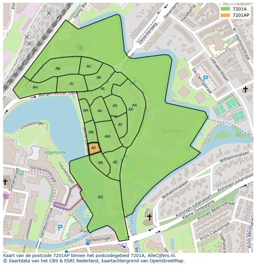 Afbeelding van het postcodegebied 7201 AP op de kaart.