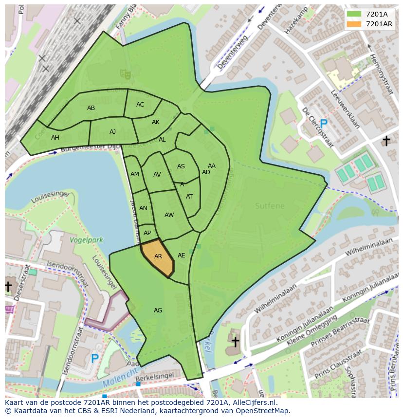 Afbeelding van het postcodegebied 7201 AR op de kaart.
