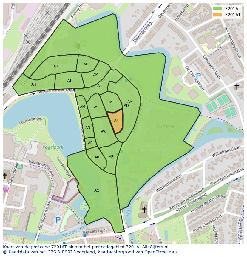 Afbeelding van het postcodegebied 7201 AT op de kaart.