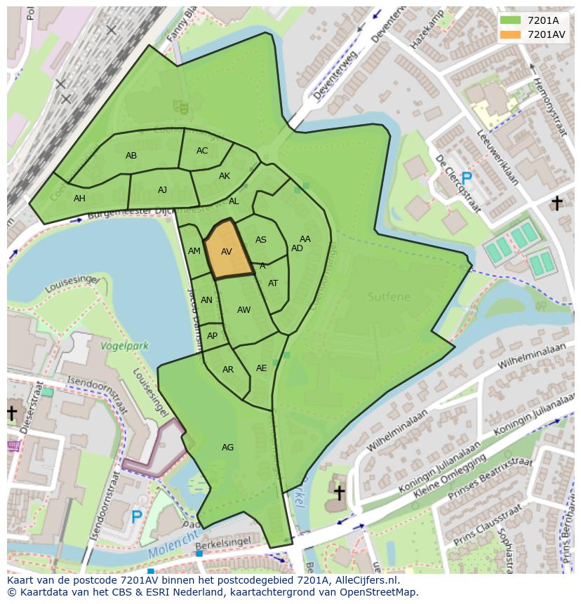 Afbeelding van het postcodegebied 7201 AV op de kaart.