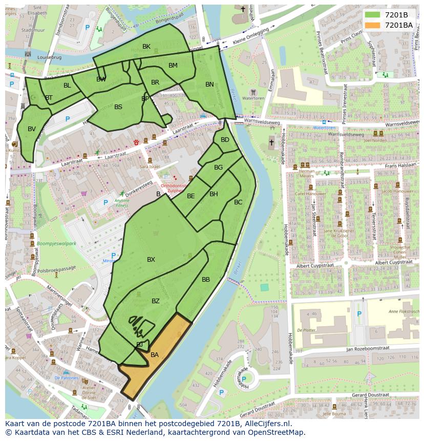Afbeelding van het postcodegebied 7201 BA op de kaart.