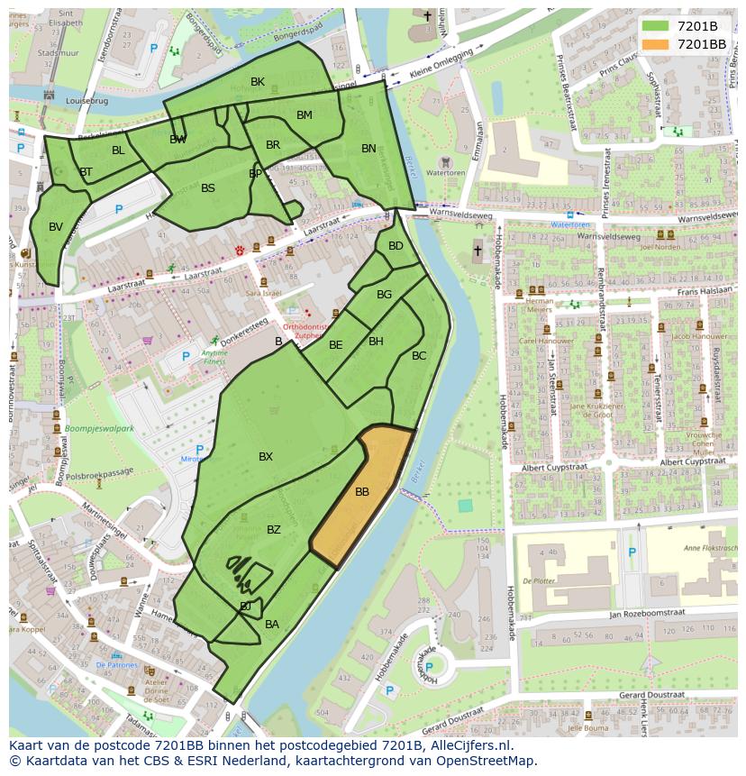 Afbeelding van het postcodegebied 7201 BB op de kaart.